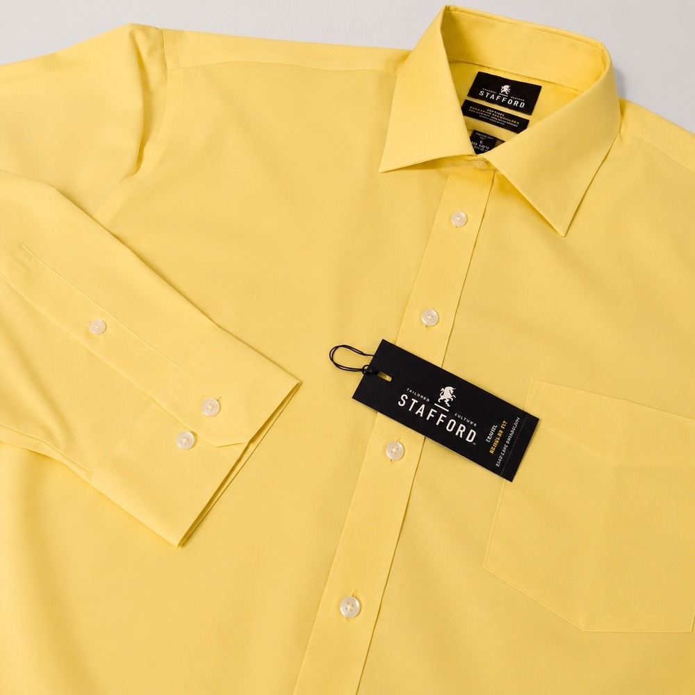 Stafford Dress Shirt Mens L 16-16.5 34-35 Yellow Travel Easy Care Broadcloth
